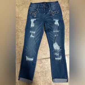 BEBE EMBELLISHED JEWELED JEANS DISTRESSED SKINNY STRETCH JEANS